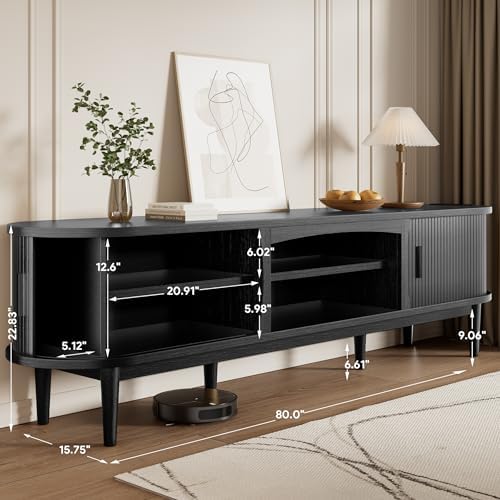 Decofy Mid Century TV Stand for TVs up to 90 Inches, Entertainment Center with Storage, Power Outlet, Fluted Sliding Doors & Adjustable Shelves, Modern Media TV Console Table for Living Room (Black) - Image 2