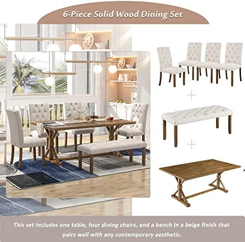 Mirightone 6-Piece Farmhouse Dining Table Set for 6 Rectangular Table Set with 4 Upholstered Chairs and Bench, Solid Wood Dining Table Set for Kitchen, Dining Room (Walnut) - Image 4