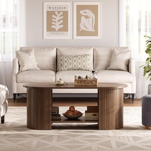 42" Oval Fluted Coffee Table, 2-Tier Center Table with Large Storage, Mid-Century Modern Wood Coffee Table for Living Room, Home Office, Small Space, Walnut - Image 5