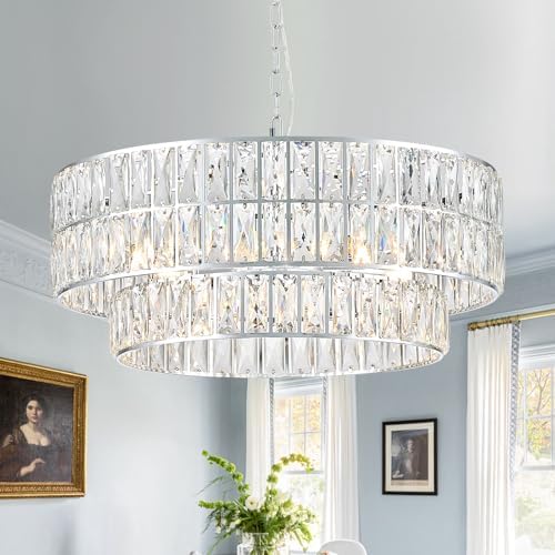 CATINER Chrome Crystal Chandelier 24" 8-Light Modern Semi Flush Pendant by CATINER