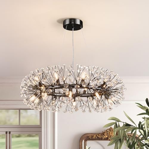 Modern Firework Chandelier, Farmhouse Black Crystal Round Dandelion Sputnik Chandeliers, 31.5" Contemporary 20-Light Pendant Hanging Lighting for Dining Room Kitchen Bedroom Living Room by witkey