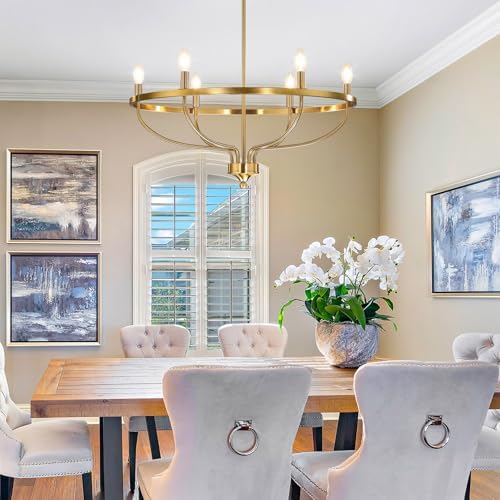 Gold Chandelier for Dining Room, 28.5 Inch Diameter Modern Farmhouse Candle Chandelier Light Fixture Over Table, 6-Light Brass Chandelier Lighting for Kitchen, Bedroom, Living Room (E12 Base) - Image 4