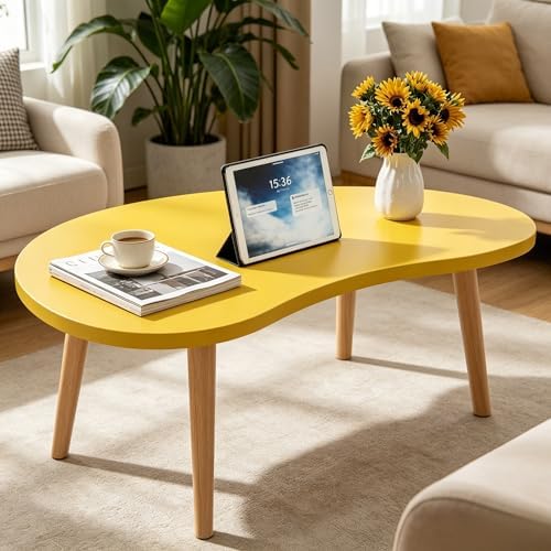 Coffee Table Low Table with Solid Wood Legs, 31.5x19.7" Large Coffee Table Side Table, Floor Table Desk for Sitting on The Floor, Living Room Furniture for Office Apartment Home, Mango Yellow - Image 3