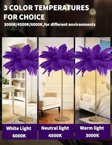 Feather Floor Lamp,Fluffy Ostrich Feather Floor Lamp for Bedroom,3 Color Temperatures Led Corner Modern Floor Lamps for Living Room Christmas Home Decor House Warming Gifts,63″ Height (Deep Purple) - Image 3