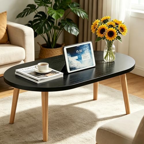 Coffee Table Low Table with Solid Wood Legs, 31.5x19.7 Large Coffee Table Side Table, Floor Table Desk for Sitting on The Floor, Living Room Furniture for Office Apartment Home, Oval Black - Image 3