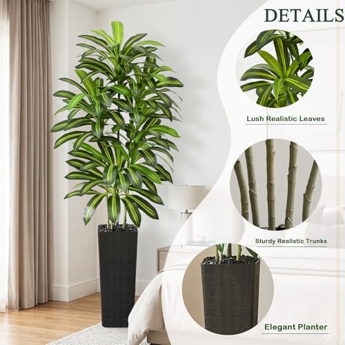 Artificial Dracaena Tree Indoor, 7FT Tall Fake Floor Plants with Black Planter & Pebbles, Faux Silk Yucca Tree for Home Office Living Room Bedroom Farmhouse Modern Outdoor Topiary Tree - Image 3