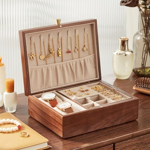 CHOSIN Walnut Wood Jewelry Box with Removable Tray, Vertical Necklace Hooks - Image 3