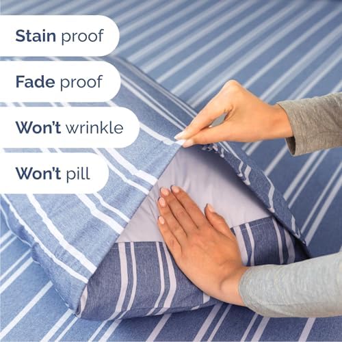 Cal King Size 4 Piece Sheet Set - Comfy Breathable & Cooling - Blue Stripes - Image 5