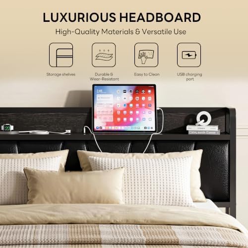LIKIMIO Full Bed Frame with Storage Headboard and Charging Station - Image 3