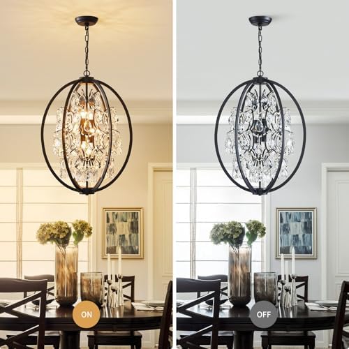 WUZUPS Globe Crystal Chandelier Raindrop Pendant Flushmount Ceiling Light Modern Lighting Fixture for Bedroom Hallway Bar Kitchen Bathroom, H 23.6" x W 19.7", Black, 8 E12 Base - Image 4