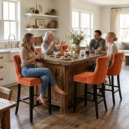 SoarFlash Modern Velvet Upholstered Bar Stools Set of 6 with Wood Legs, Button Tufted,Chrome Nailhead, Counterstool Seat, Armless Bar Chairs (Orange) - Image 3