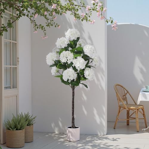 YEPDIN Set of 2 Artificial Hydrangea Tree 5 ft- Large Faux Hydrangea Plants Indoor Outdoor，Fake Flower Trees with White Tall Planter for Home Garden,Front Decor - Image 6