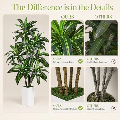 5FT Artificial Dracaena Tree with 15.7-inch White Planter, Fake Tree with Lifelike Leaves Indoor for Home Decor Office Living Room - Image 4