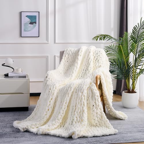 L'AGRATY Chunky Knit Throw Blanket for Couch, 50 x 60 Inches, Cream White by LAGRATY