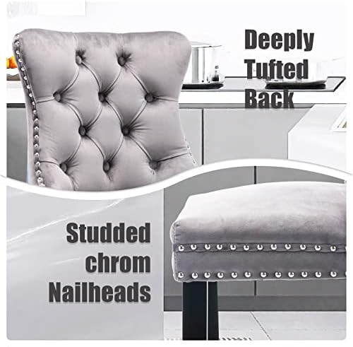SoarFlash Modern Velvet Upholstered Bar Stools Set of 6 with Wood Legs, Button Tufted,Chrome Nailhead, Counterstool Seat, Armless Bar Chairs (Gray) - Image 6