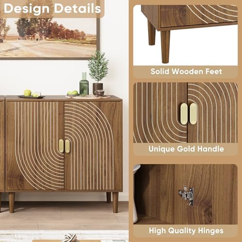 Smuxee Walnut Sideboard Cabinet, Freestanding Buffet Cabinet with Line Groove Design, Wood Storage Cabinet with Adjustable Shelf for Living Room, Entryway, Hallway - Image 4
