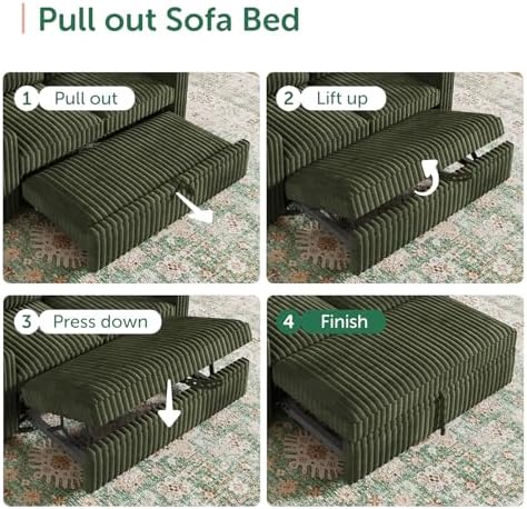 HONBAY Modular Pull Out Sofa Bed,Corduroy Loveseat, Couches for Living Room,Green - Image 5