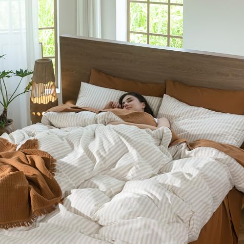 MooMee Striped Duvet Cover Set 100% Washed Cotton Linen Like Oversized King - Image 6