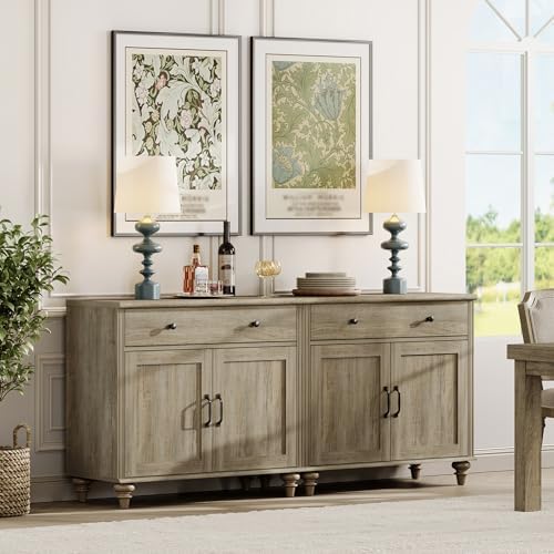 WAMPAT Modern Buffet Cabinet with 4 Doors and 2 Drawers, Wash Grey, 68 inch - Image 3
