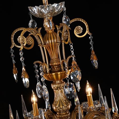 French Crystal Chandelier Antique Gold Candle-Style Pendant Light - Image 6