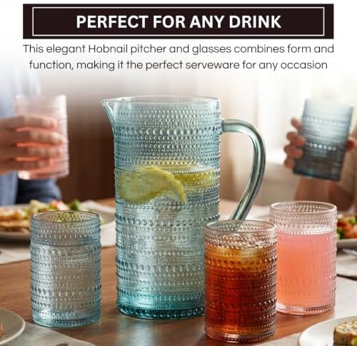 Khen Hobnail Beaded Pitcher & Tumbler Glasses Set | Set of 6 Glasses & Carafe| Vintage 11 OZ Lowball & 2.4 Litter Glass Muted Bubble Design, Old-Fashioned, Embossed Design - Water, Wine, Cocktail - Image 3
