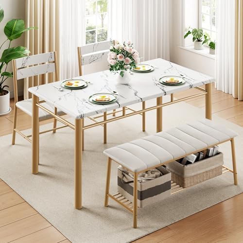 IRONCK Dining Table Set for 4, Kitchen Table and Chairs Set, White & Gold - Image 3