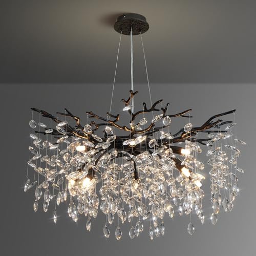 YUYI 30" Black Crystal Chandelier, 10-Light Tree Branch Chandelier for Dining Room, Luxury Round K9 Crystal Raindrop Chandeliers Light Fixture for Living Room Foyer Entryway Bedroom Kitchen by YUYILIGHTING