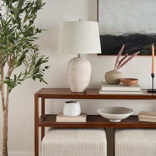 Nourison Home 23" Distressed Cream/Beige Rustic Ceramic Jar Table Lamp for Bedroom, Living Room, Dining Office, with Ivory Shade - Image 4