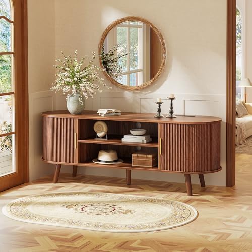 PRAISUN 54 Inch Fluted TV Stand for TVs up to 55 Inch, TV Media Console with Power Outlets and USB-C Port, Entertainment Center with Storage, Curved Sliding Doors, Adjustable Shelf, Brown - Image 2