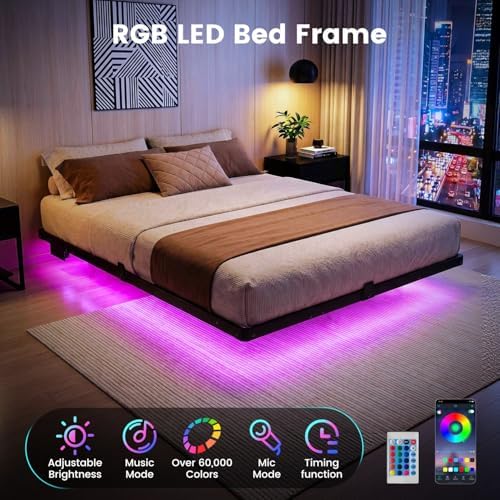 Liians Queen Floating Bed Frame with Smart LED Lights, USB Charging Station - Image 3