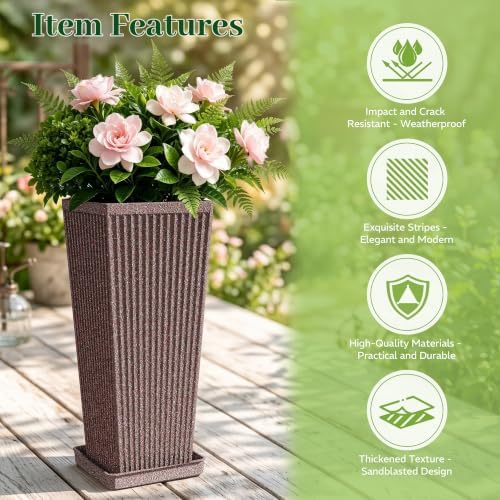 Square Tall Planters for Outdoor Plants with Tray - 24" Brown 2Pack - Image 4