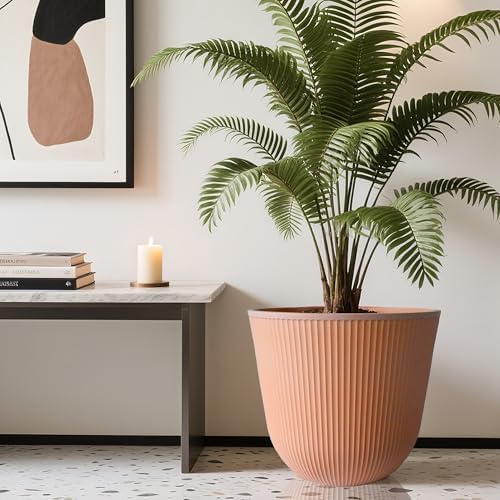 Worth Garden Round Large Planter Pot 1-Pack, 17.5" Dia x 15.5" H - Durable Plastic Terracotta Plant Tree Pots with Vertical Stripe Textured Finish, Drainage Hole for Indoor Outdoor Front Porch Patio - Image 3