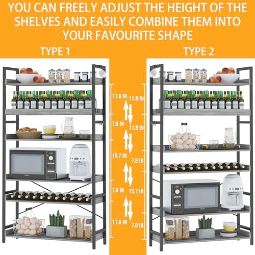 HCHQHS Bookshelf, Adjustable Industrial Bookcase, Vertical Tall Book Shelf, Wood and Black Metal Open Bookshelves for Home Office, Living Room, Bedroom (Grey, 6-Tier (31" W x 70" H)) - Image 4