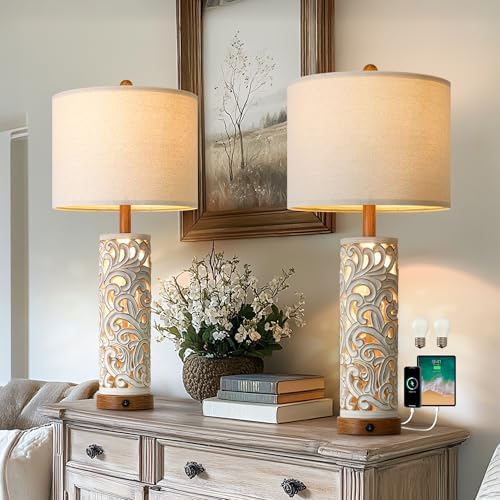 OYEARS 2-in-1 Light Table Lamp Set of 2 for Living Room, 28.5" Farmhouse Bedside Lamps with USB Charging Port, Main&Night Light & Dual Switches, Nightstand Lamp for Bedroom Home Office(Bulb Included) by OYEARS