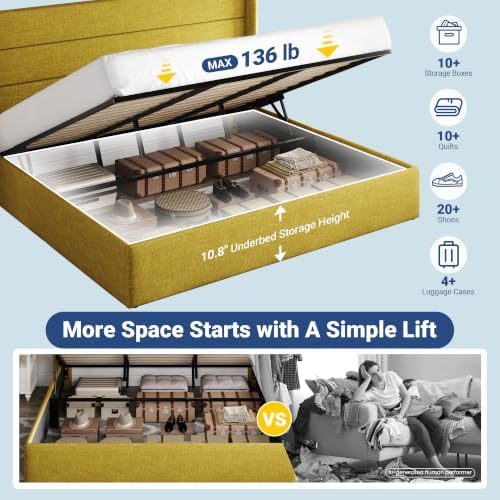 Allewie King Size Lift Up Hydraulic Storage Bed Frame Olive Yellow - Image 3