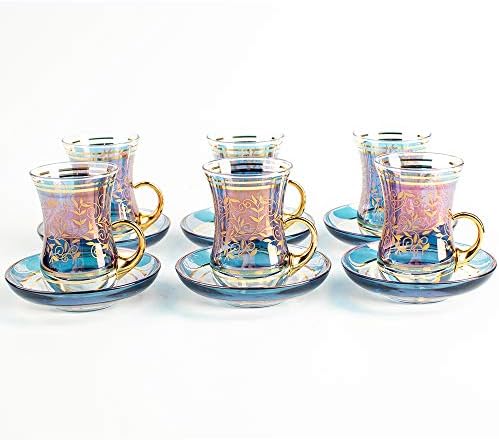 Vintage Turkish Tea Glasses Cups and Saucers Set of 6 Handle Drinkware Drink Bar Fancy Teapots Serving Glassware Drinking Kitchen Women Moroccan Persian Teacups Party Art Deco - Image 5
