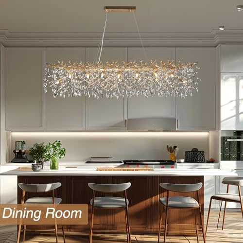 60" Modern Crystal Chandelier, 16-Light Gold Tree Branch Chandelier for Dining Room, Luxury Rectangular K9 Crystal Raindrop Chandeliers Light Fixture for Kitchen Island, Living Room, Foyer, Bedroom - Image 3
