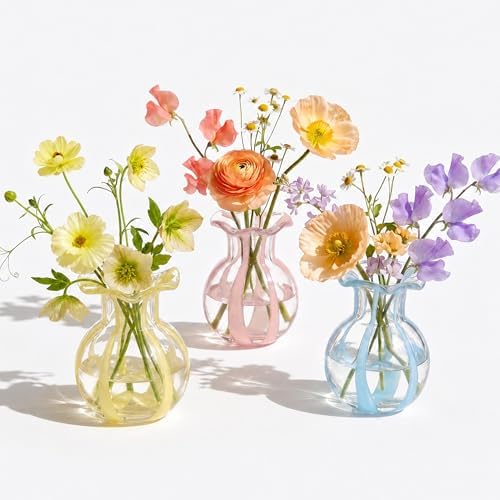 3-Piece 4.5" Ruffled Ribbon Small Vases for Flowers Hand-Blown Glass Vases by ChangSong