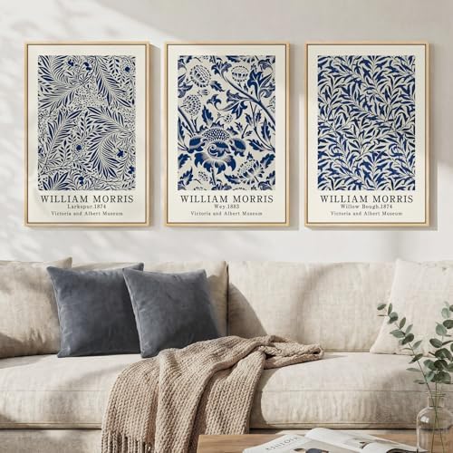 Large Framed William Morris Blue Canvas Wall Art for Living Room, 3 Piece by Cuspin