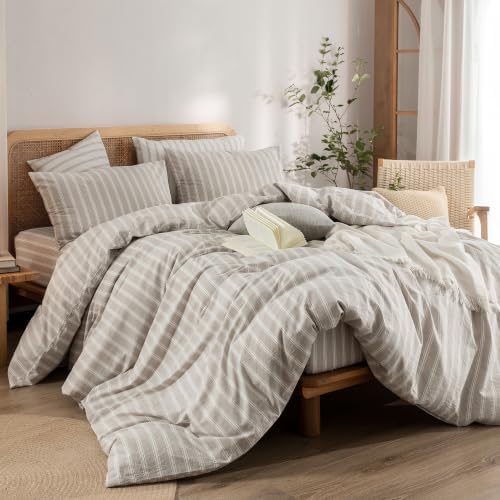 BESTOUCH Striped Cotton Duvet Cover Set Linen Feel Oversized King - Image 5