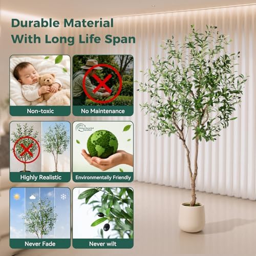 6FT Faux Olive Tree with Decorative Planter, Olive Trees Artificial Indoor with Textured Trunk, Silk Leaves and Olive Fruits, Fake Plants for Living Room, Entryway and Office Decor - Image 2