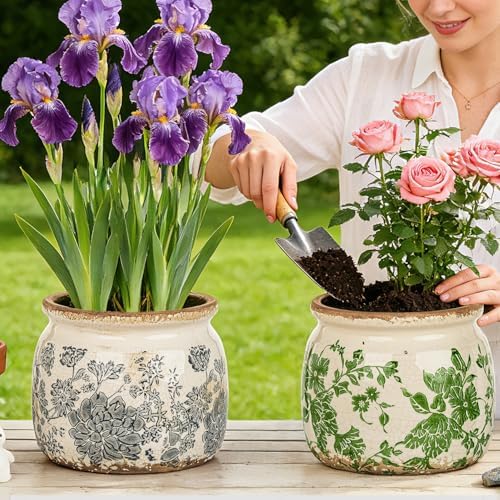 Sungmor 2 Pack Farmhouse Ceramic Planters, Tuscan Decor, Green & Grey - Image 7