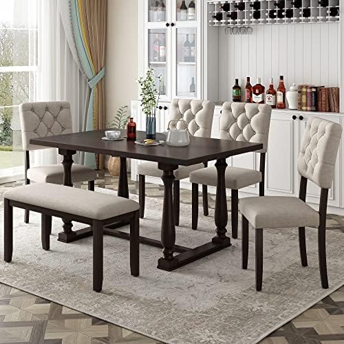 Harper & Bright Designs 6-Piece Dining Table and Chair Set with Special-Shaped Legs and Foam-Covered Seat Backs&Cushions for Dining Room (Espresso) by HarperBrightDesigns