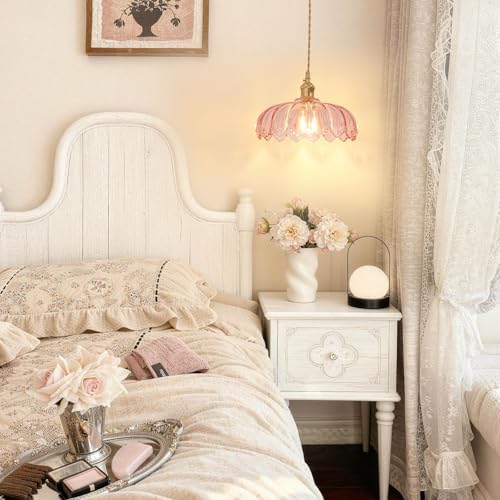 Shenmoyl Pendant Light with Pink Scindapsus Glass Lmapshade, Brass Vintage Pendant Light Adjustable Hanging Light for Kitchen Island Dining Room Hallway - Image 6