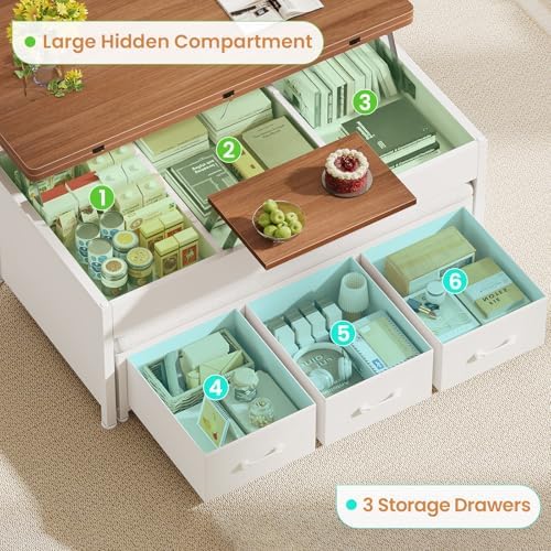 Itaar Lift Top Coffee Table Set, 43'' Multi-Function Coffee Table with Storage Drawers and Hidden Compartment, Center Table with Ottoman Bench for Living Room, White - Image 4