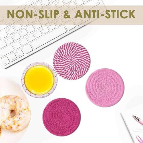 Drink Coasters 8 Pack with Holder, 4-Color Cotton Woven Absorbent Coasters Set, Minimalist 4.3in Cup Mat for Home Decor, Dining Table, Living Room, Tabletop-Protection for Coffee Beverage-Pink - Image 5