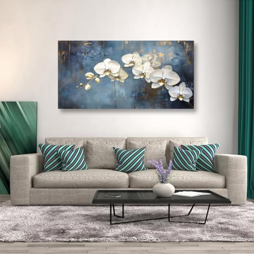 Abstract White Butterfly Orchid Canvas Wall Art for Living room Office Bedroom Flowers Wall Art Print Oil Paintings Modern Blue Gold Rain Mist Pictures Wall Decor Artwork Ready to Hang - 28in * 57inch - Image 4