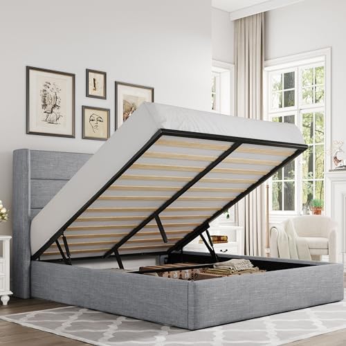 Allewie Full Size Lift Up Hydraulic Storage Bed Frame Light Grey by Allewie