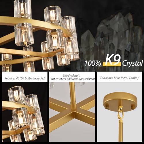 Modern 48 inch Gold Round Chandeliers Light Fixture, Crystal Chandeliers for Dining Room, Living Room Chandelier, Wagon Wheel Chandelier Over Table, Suitable for Bedroom,Foyer,Includes Bulbs - Image 6
