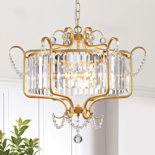 Modern Crystal Chandelier for Dining Room 24" Large Gold 6-Light Farmhouse Pendant Lighting Fixtures for Living Room Kitchen Island Hallway Bedroom Foyer by Majhoiw